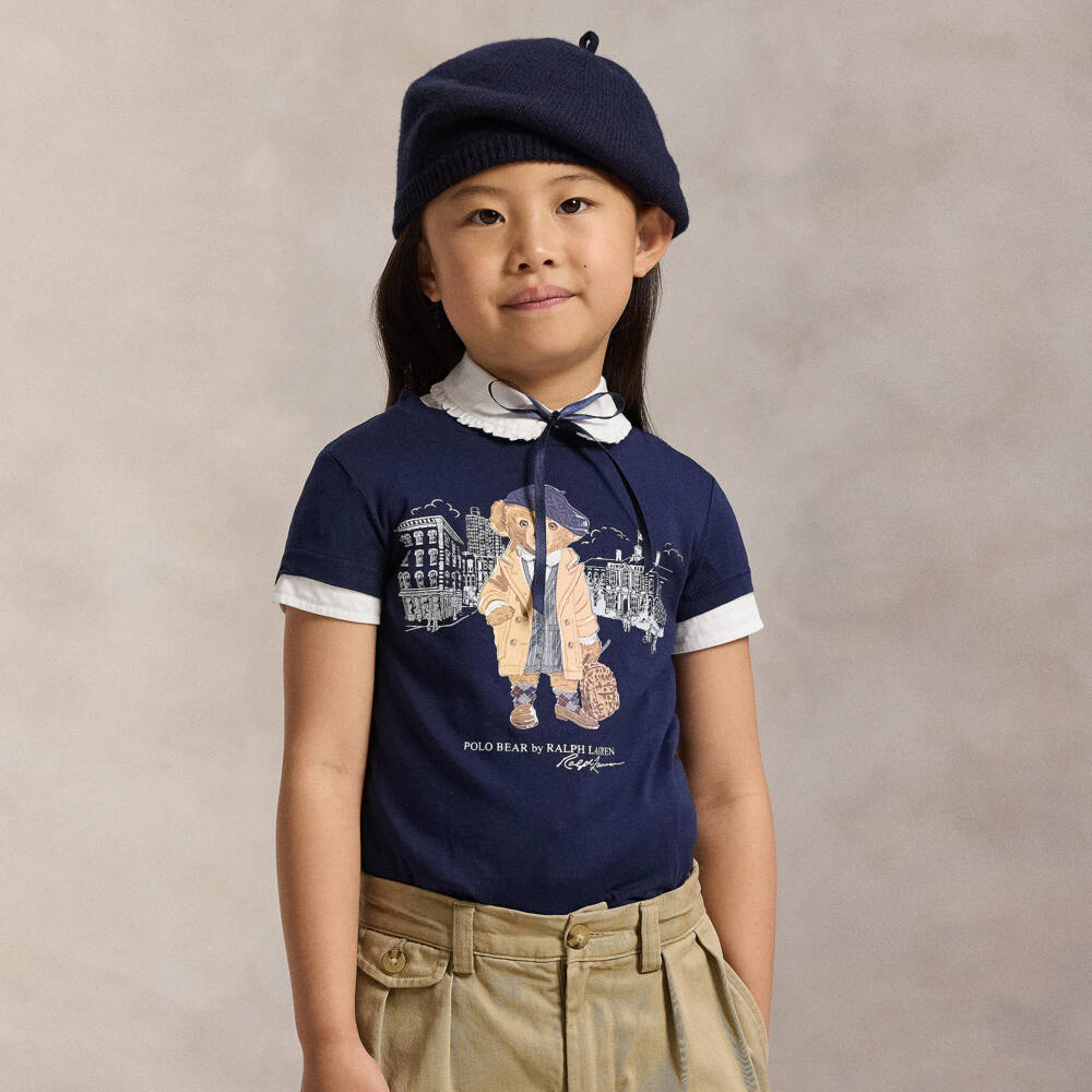 Ralph Lauren-Girls Navy Blue Cotton T-Shirt with Polo Bear Graphic | Childrensalon Outlet