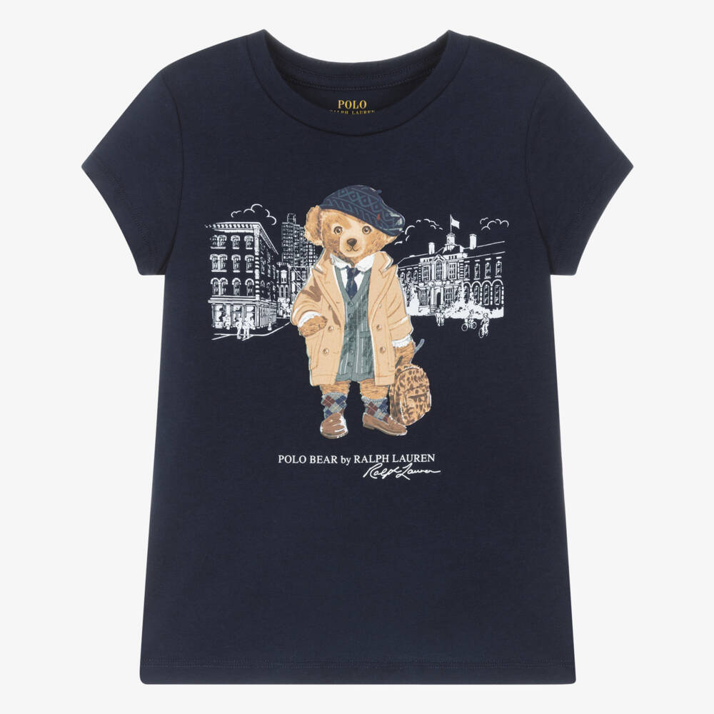 Ralph Lauren-Girls Navy Blue Cotton T-Shirt with Polo Bear Graphic | Childrensalon Outlet