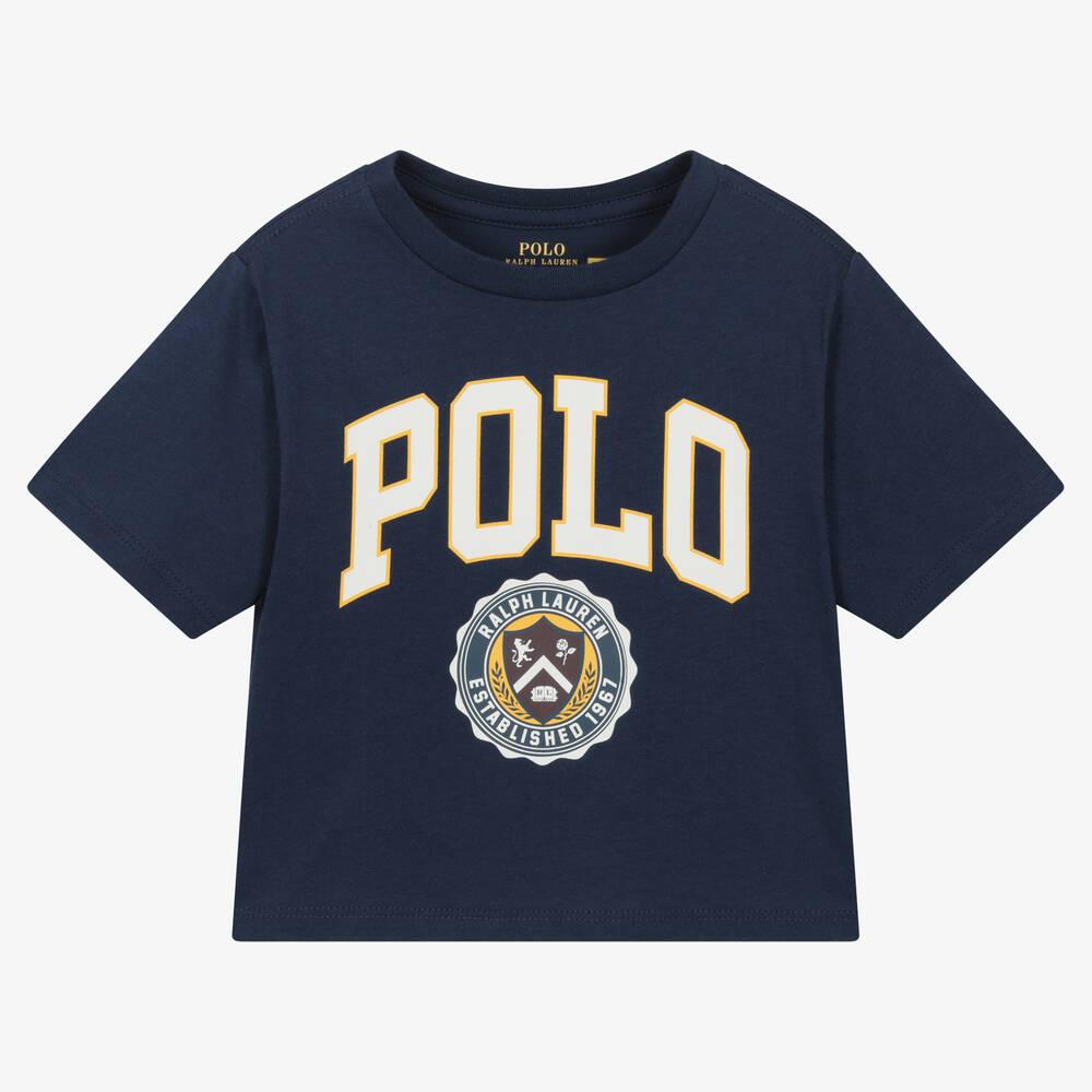 Ralph Lauren - Girls Navy Blue Cotton Varsity T-Shirt | Childrensalon