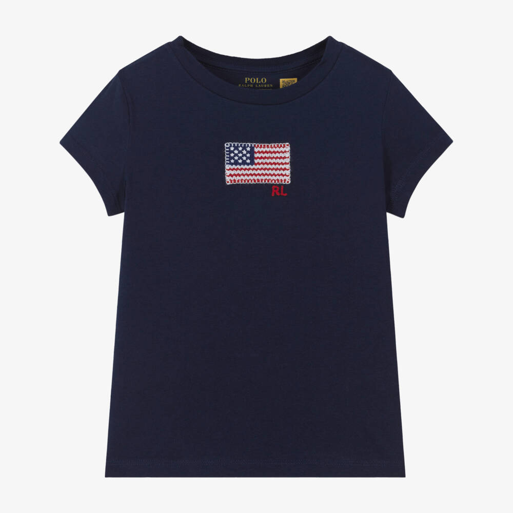Ralph Lauren-Girls Navy Blue Embroidered Flag Cotton T-Shirt | Childrensalon Outlet