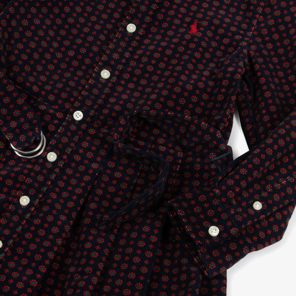 Ralph Lauren-Girls Navy Blue Floral Belted Corduroy Shirt Dress | Childrensalon Outlet