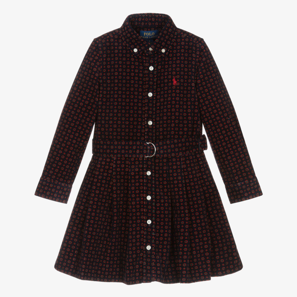 Ralph Lauren-Girls Navy Blue Floral Belted Corduroy Shirt Dress | Childrensalon Outlet