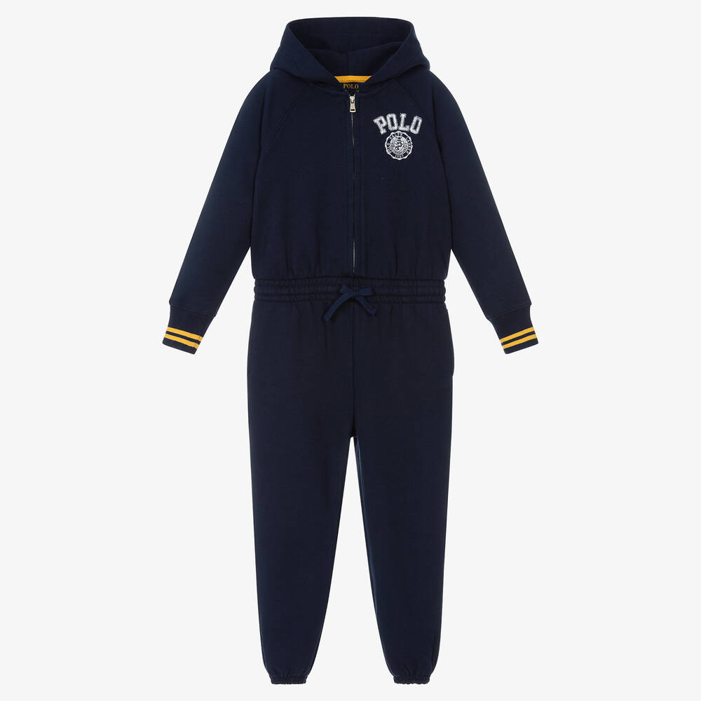 Polo Ralph Lauren - Girls Navy Blue Hooded Jumpsuit | Childrensalon