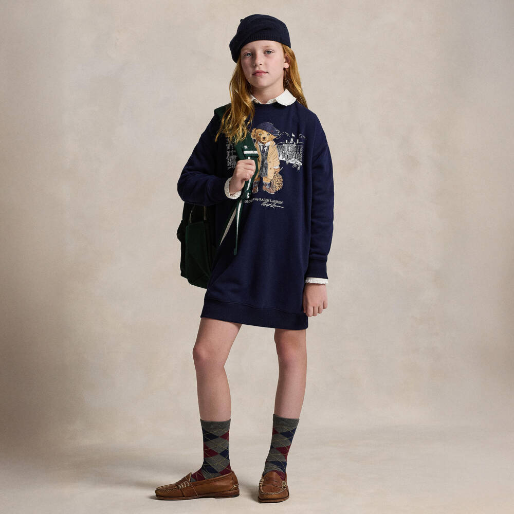 Ralph Lauren-Girls Navy Blue Polo Bear Sweatshirt Dress | Childrensalon Outlet