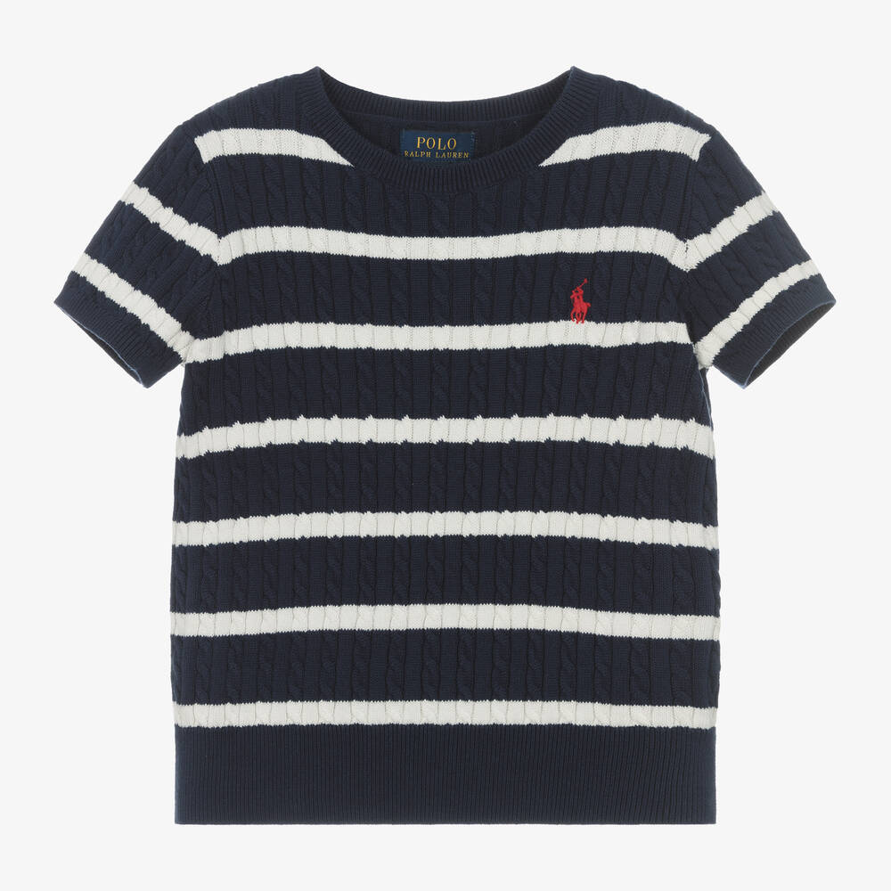 Ralph Lauren-Girls Navy Blue Stripe Cotton Jumper | Childrensalon Outlet