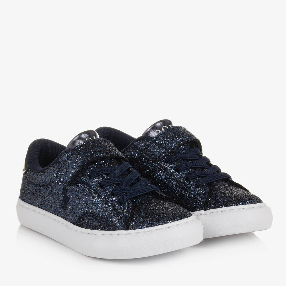 Polo Ralph Lauren - Girls Navy Blue Velcro Glitter Trainers | Childrensalon