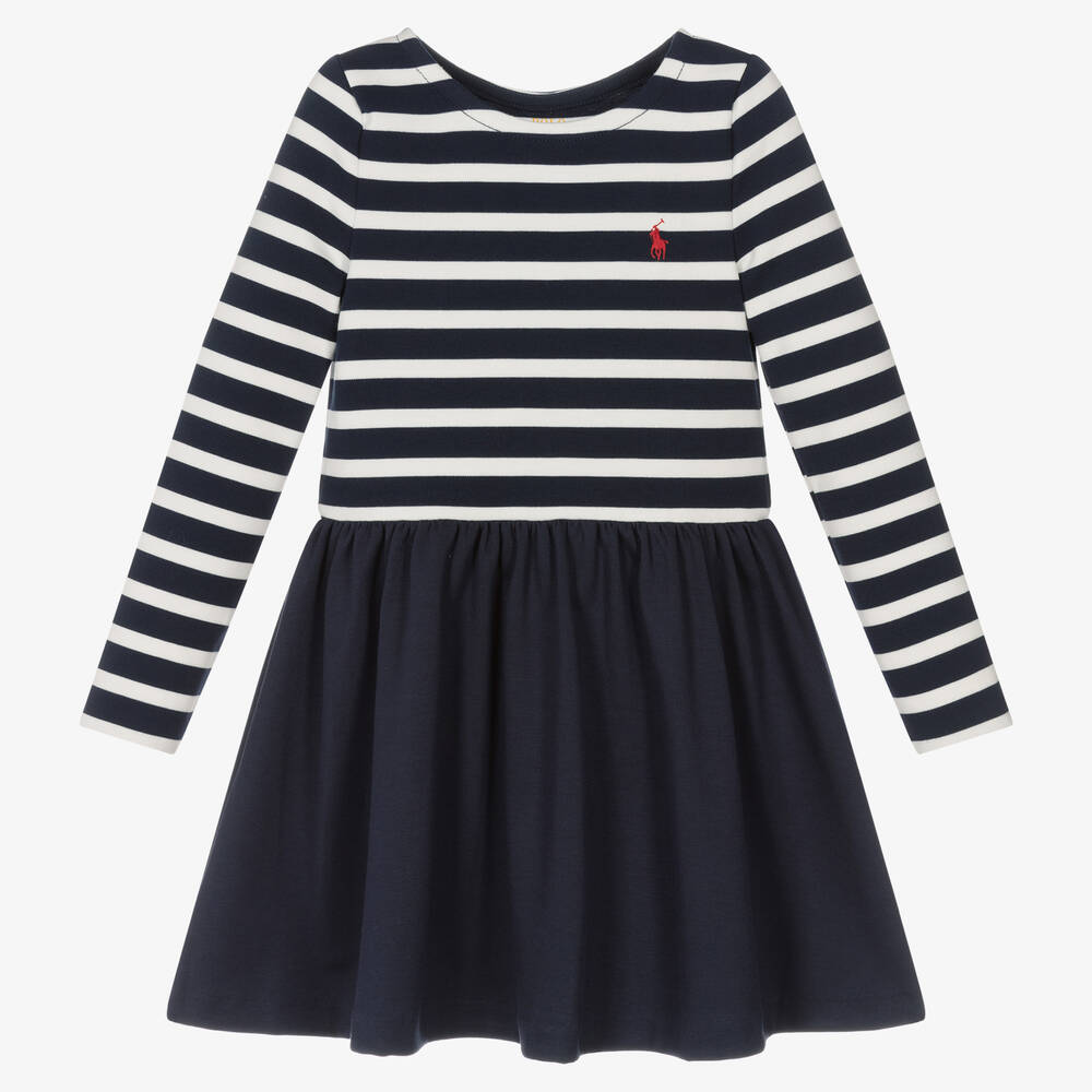 Polo Ralph Lauren - فستان فيسكوز جيرسي مقلم لون كحلي وأبيض | Childrensalon