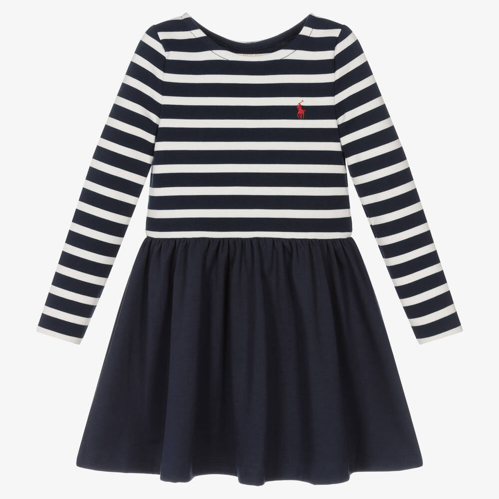 Polo Ralph Lauren - Robe rayée marine et blanche fille | Childrensalon