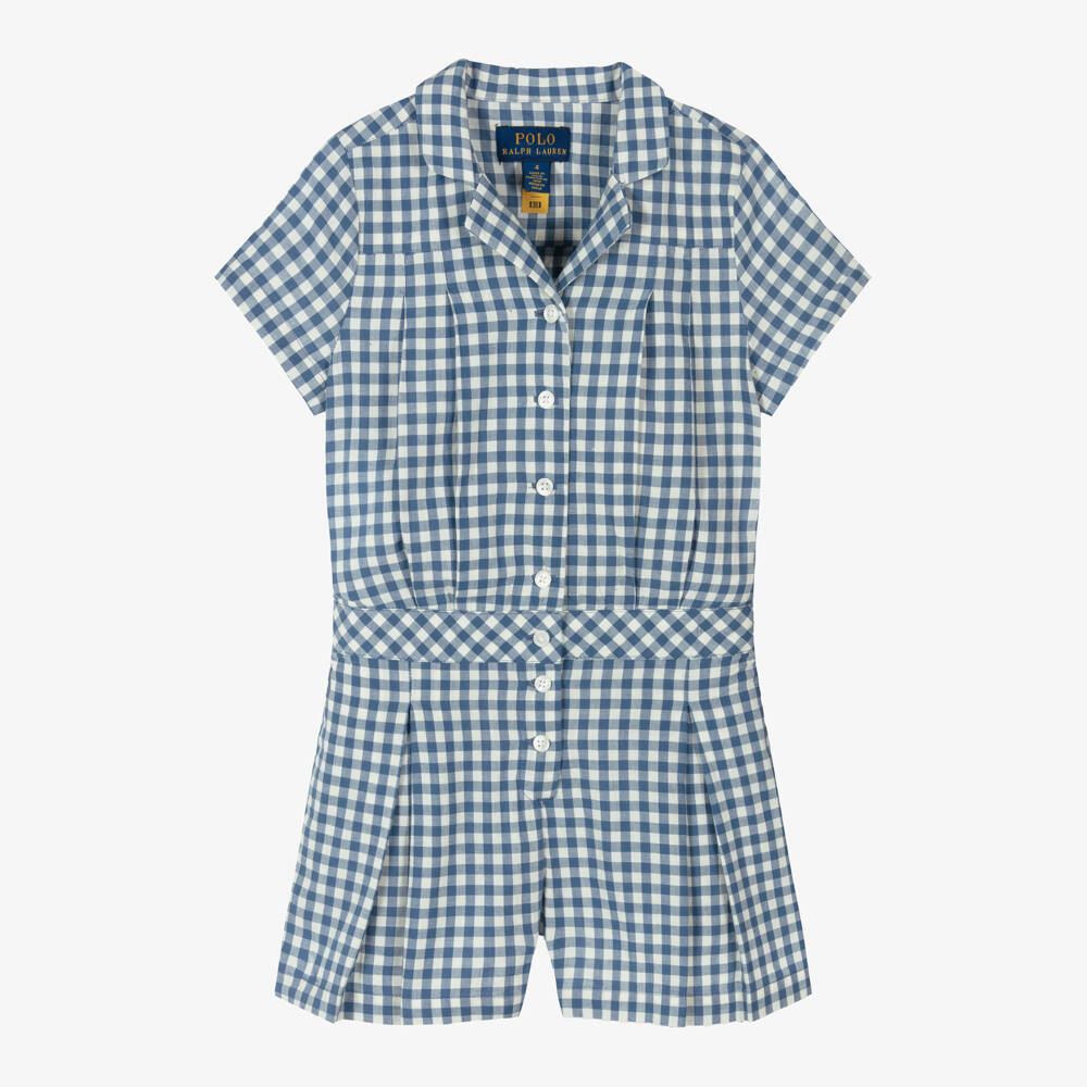 Ralph Lauren-Girls Navy Check Cotton Romper | Childrensalon Outlet