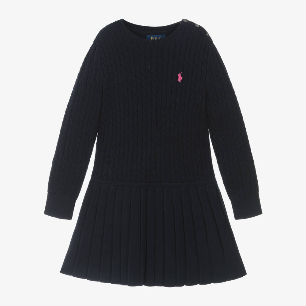 Ralph Lauren-Girls Navy Cotton Cable Dress | Childrensalon Outlet
