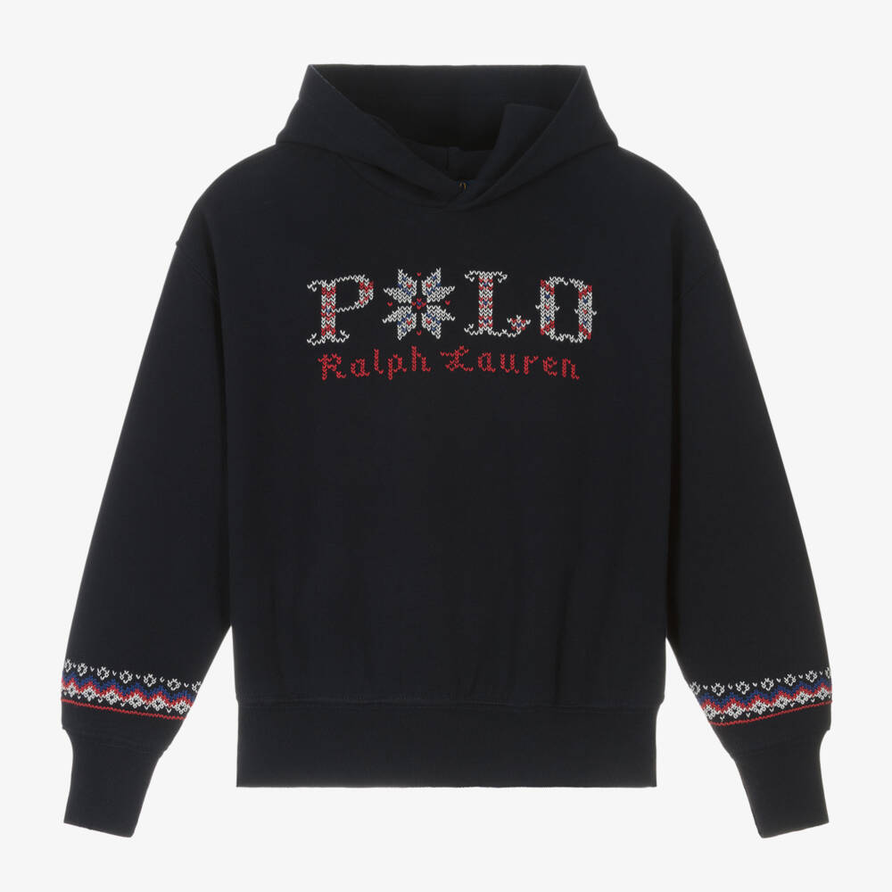 Ralph Lauren-Girls Navy Fair Isle Knit Hoodie | Childrensalon Outlet