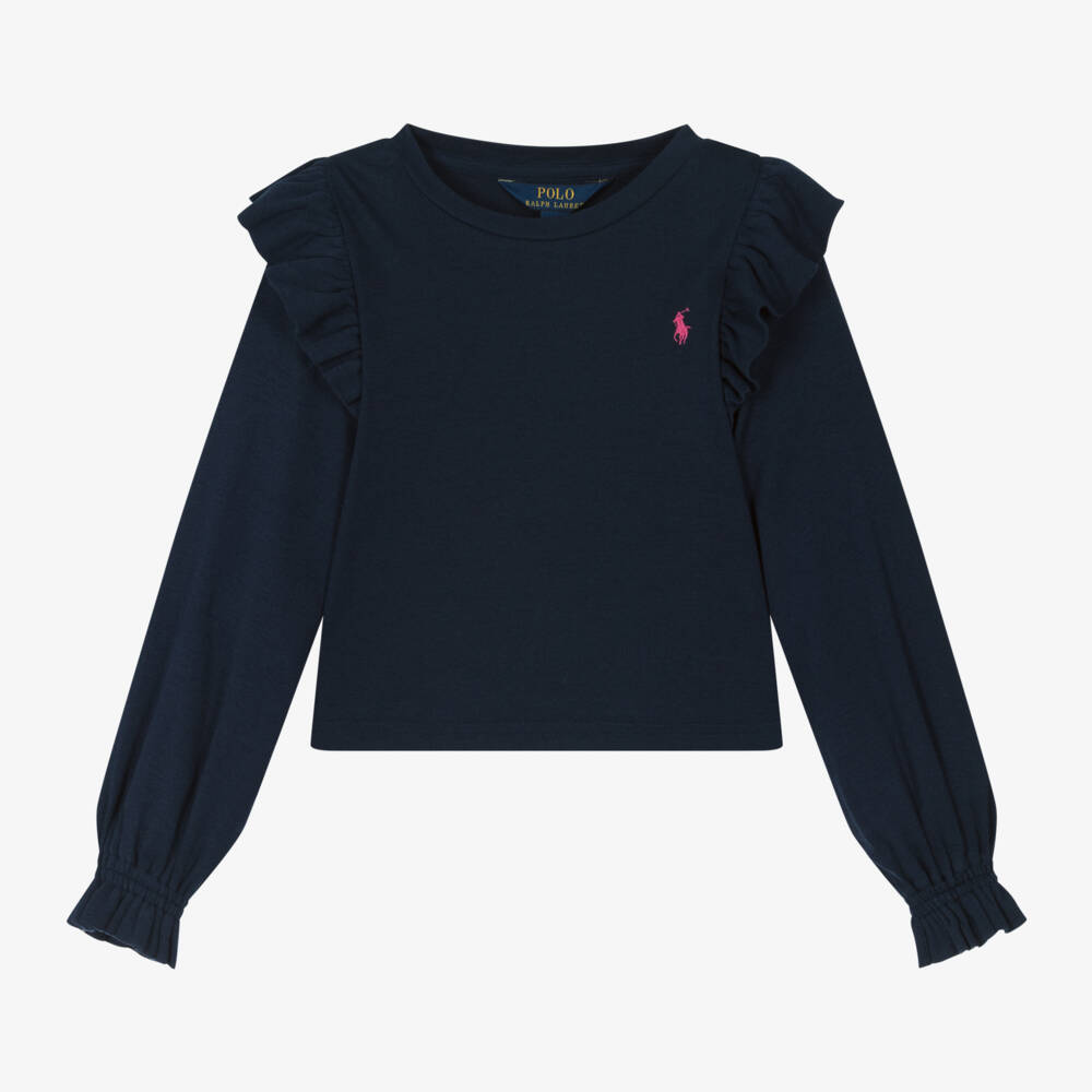 Ralph Lauren-Girls Navy Frill Sleeve Top | Childrensalon Outlet