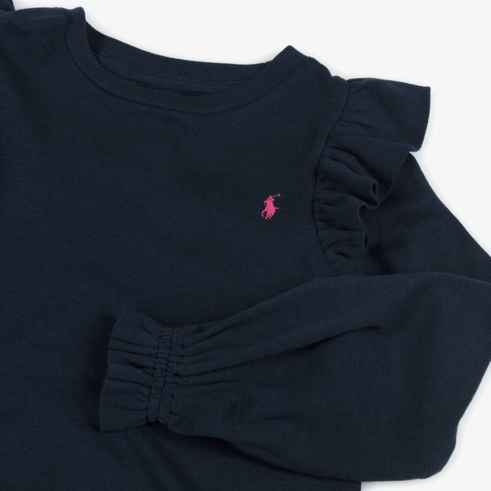 Ralph Lauren-Girls Navy Frill Sleeve Top | Childrensalon Outlet