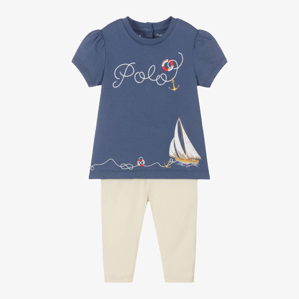 Ralph Lauren-طقم ليقنز قطن لون عاجي وأزرق للمولودات | Childrensalon Outlet
