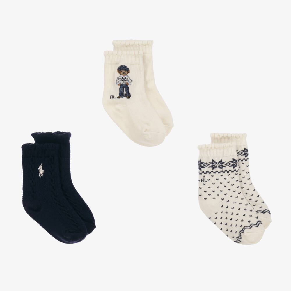 Ralph Lauren-Girls Navy & Ivory Socks Trio | Childrensalon Outlet