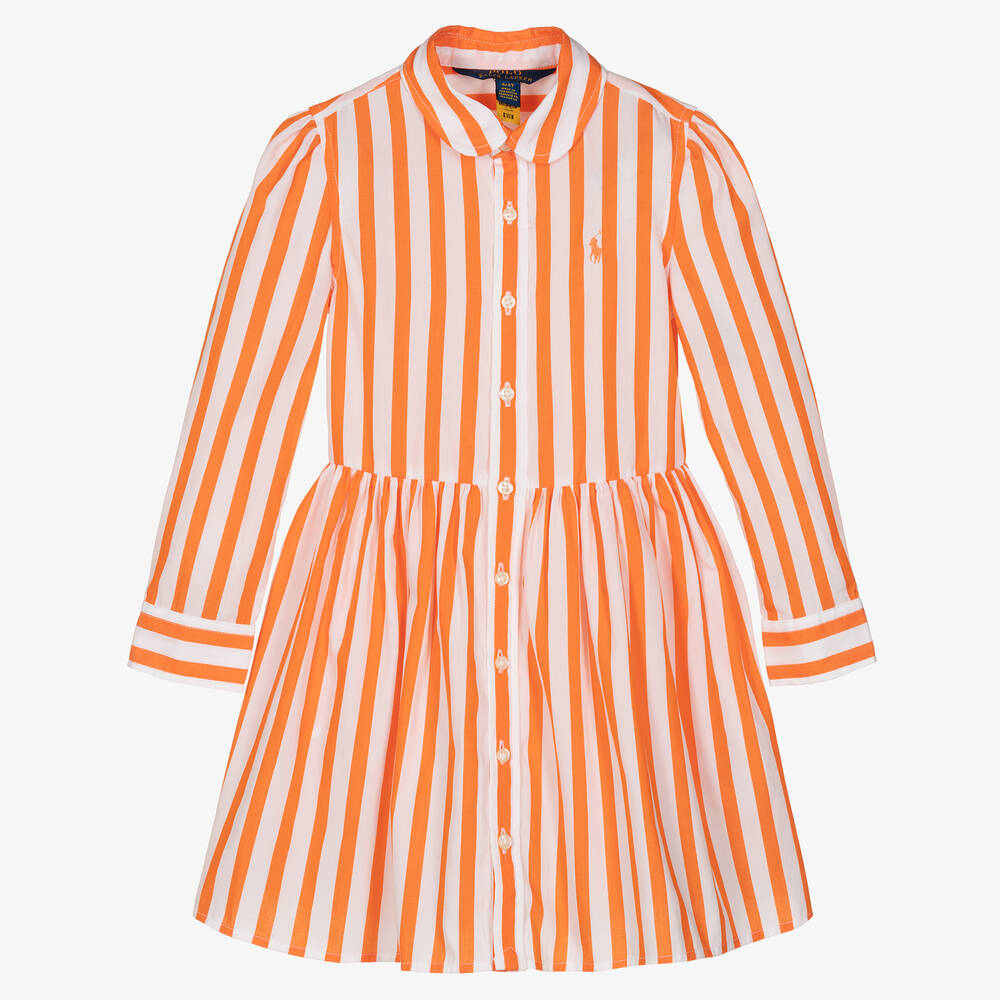 Ralph Lauren-فستان قميص قطن بوبلين مقلم لون أبيض وبرتقالي | Childrensalon Outlet