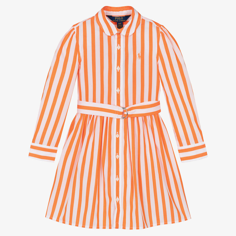 Ralph Lauren-Бело-оранжевое платье-рубашка из хлопка | Childrensalon Outlet