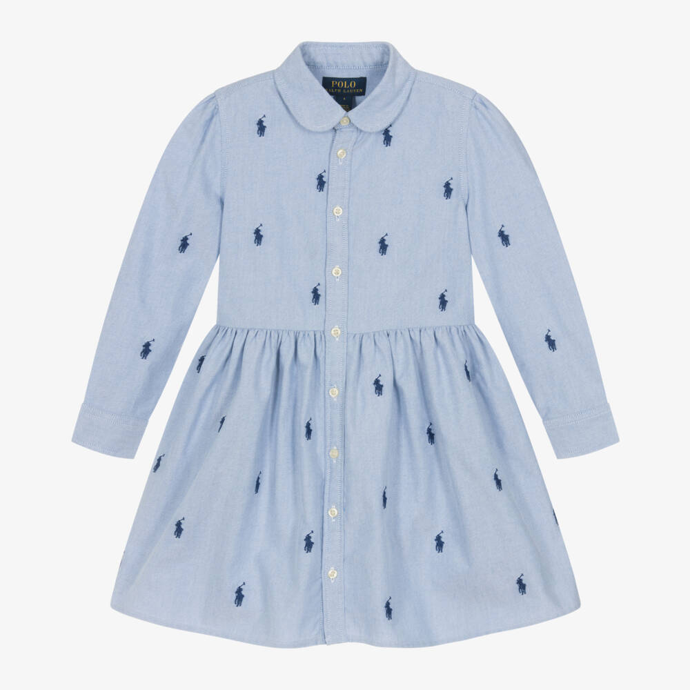 Ralph Lauren-فستان قميص قطن اكسفورد لون أزرق فاتح | Childrensalon Outlet