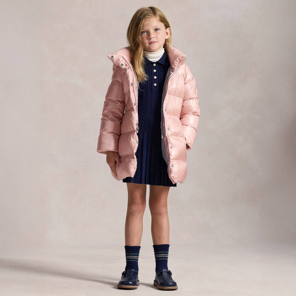 Ralph Lauren-Girls Pale Pink Hooded Down Puffer Coat | Childrensalon Outlet