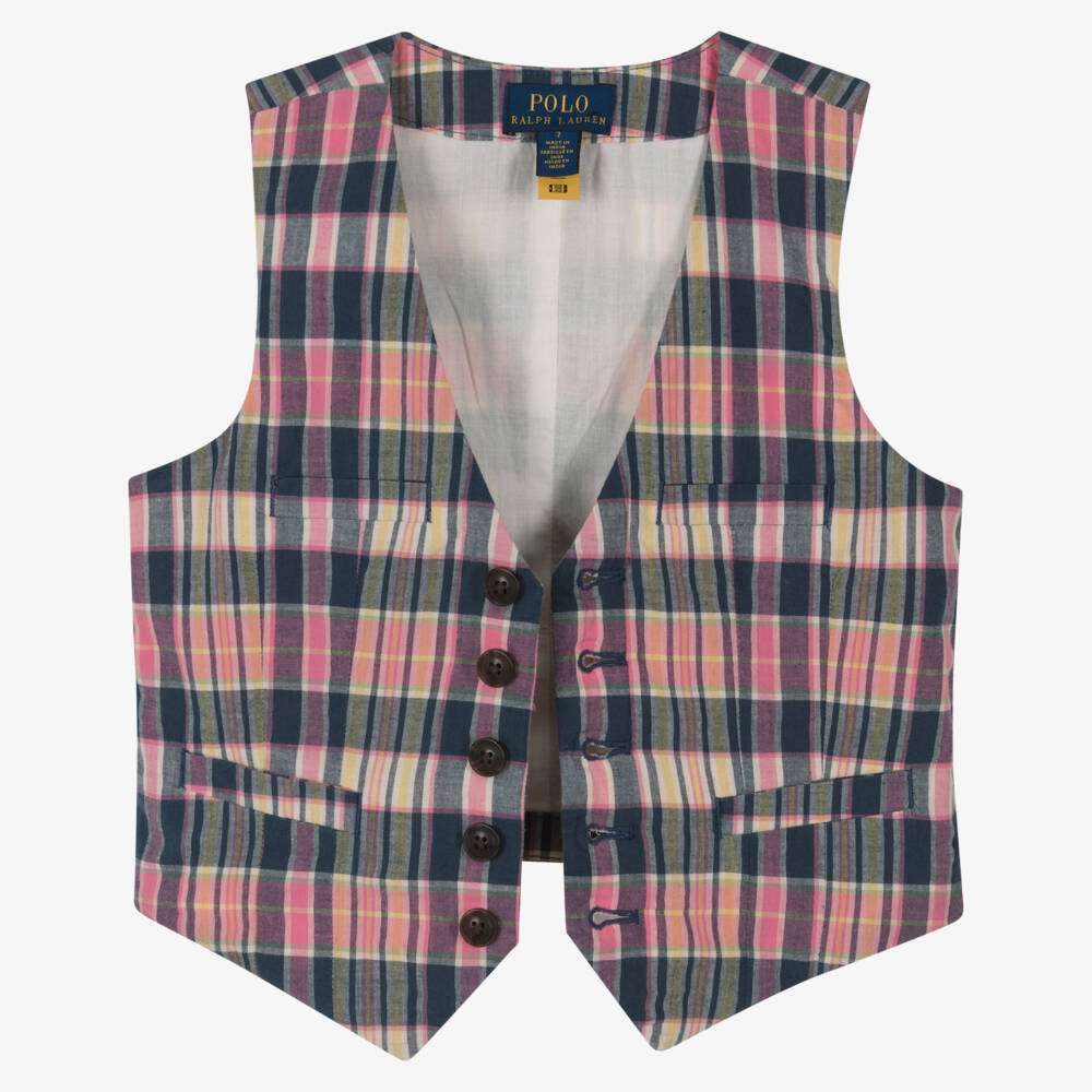 Ralph Lauren-Girls Pink & Blue Check Cotton Waistcoat | Childrensalon Outlet