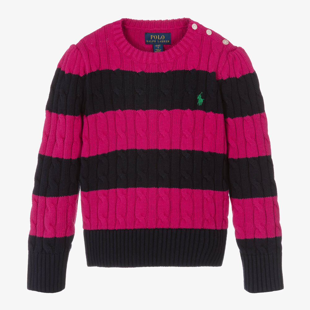 Ralph Lauren - Girls Pink & Blue Cotton Knit Sweater | Childrensalon