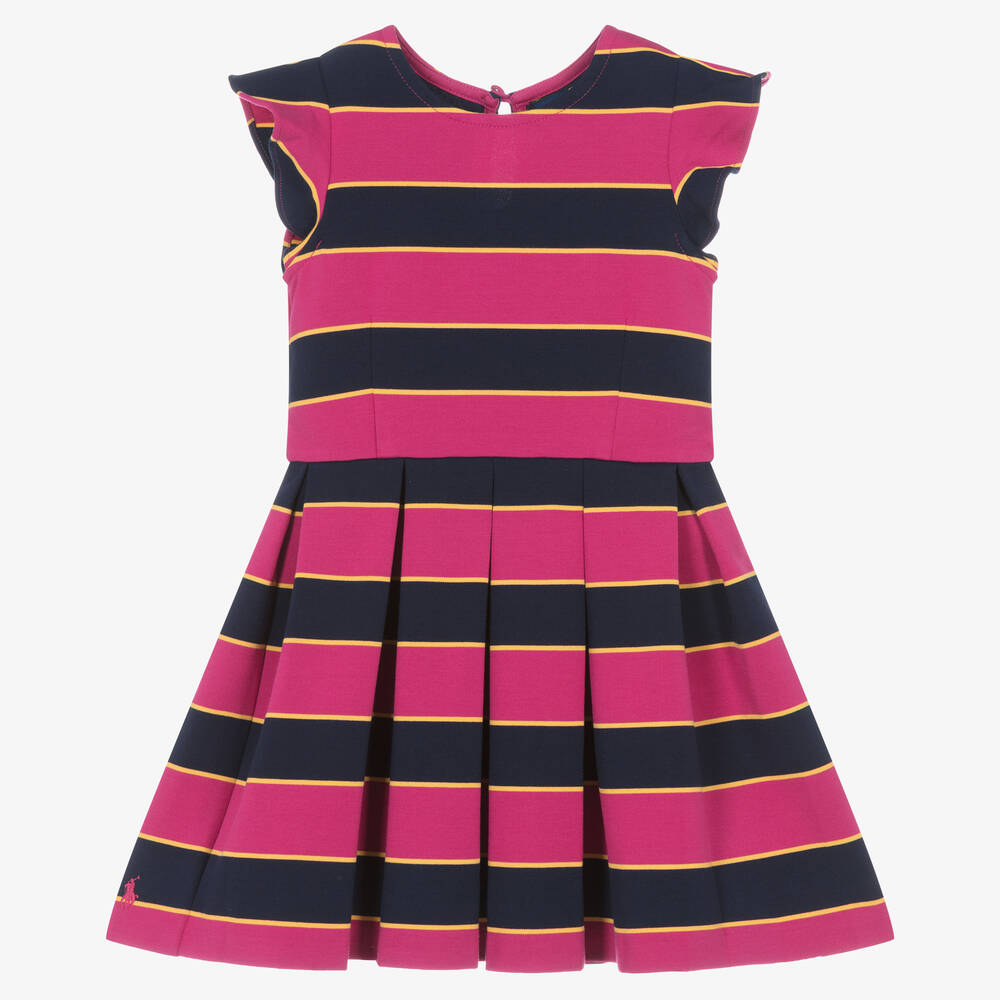Ralph Lauren - Girls Pink & Blue Stripe Cotton Dress | Childrensalon
