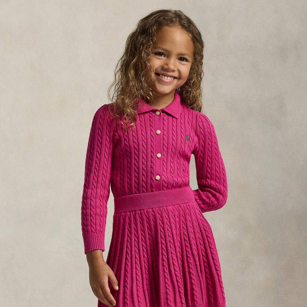 Ralph Lauren-Girls Pink Cable Knit Cotton Skirt Set | Childrensalon Outlet