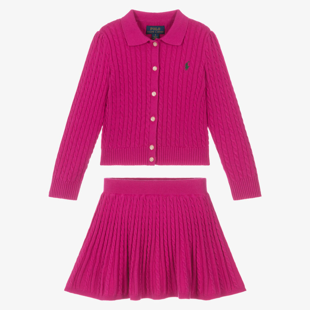 Ralph Lauren-Girls Pink Cable Knit Cotton Skirt Set | Childrensalon Outlet