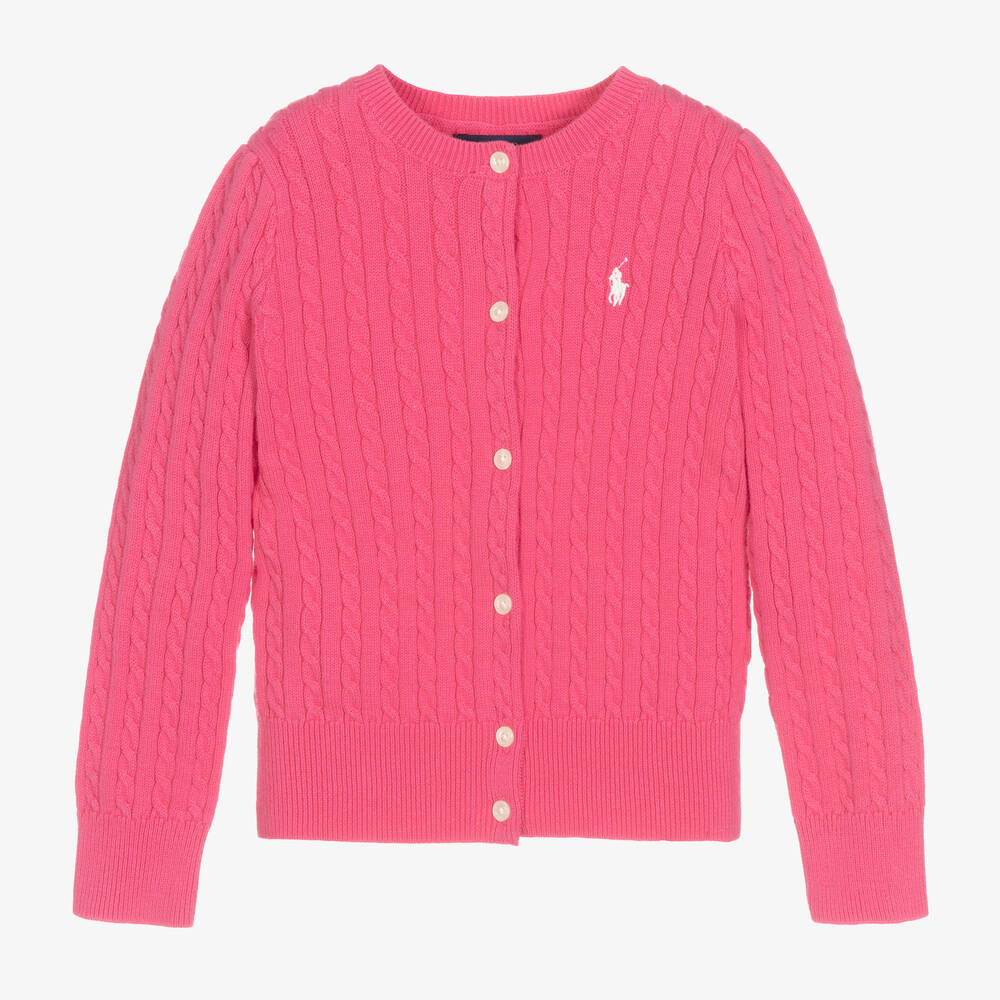 Polo Ralph Lauren-Girls Pink Cable Knit Logo Cardigan | Childrensalon Outlet