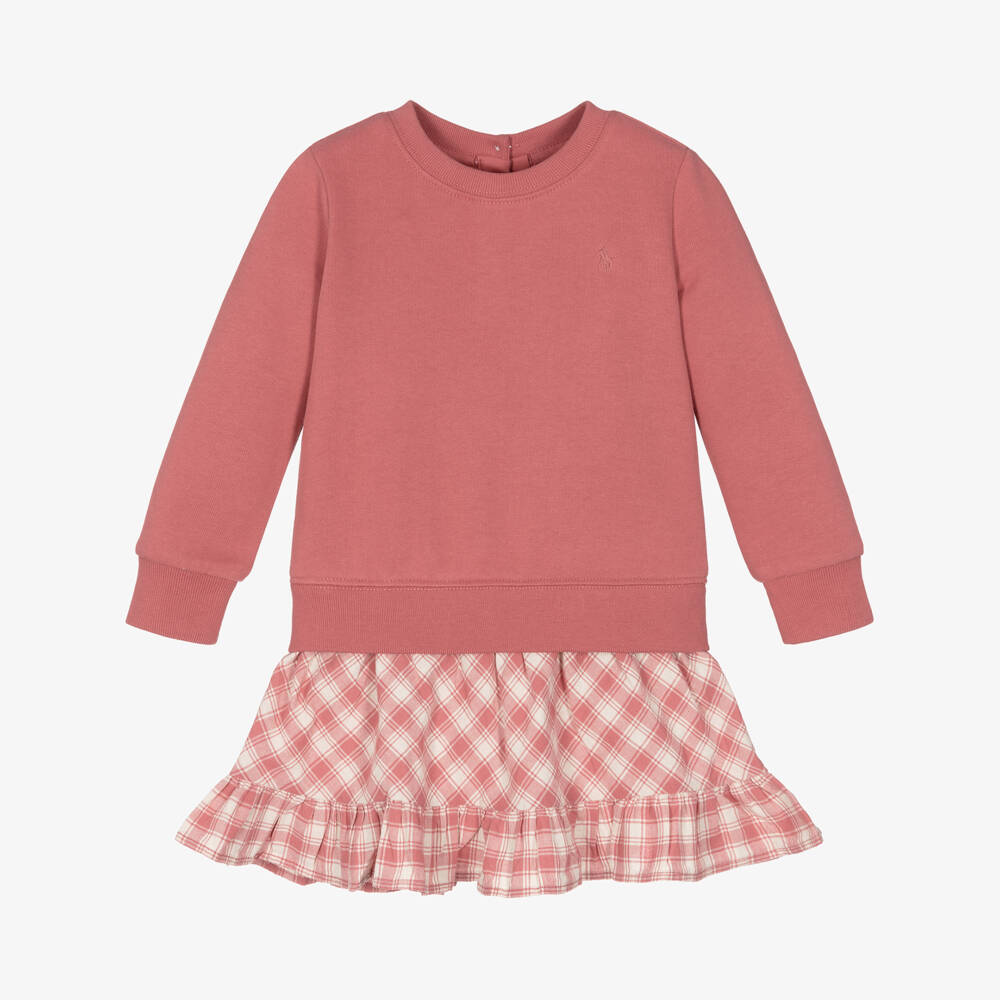 Ralph Lauren-Girls Pink Checked Sweatshirt Dress | Childrensalon Outlet