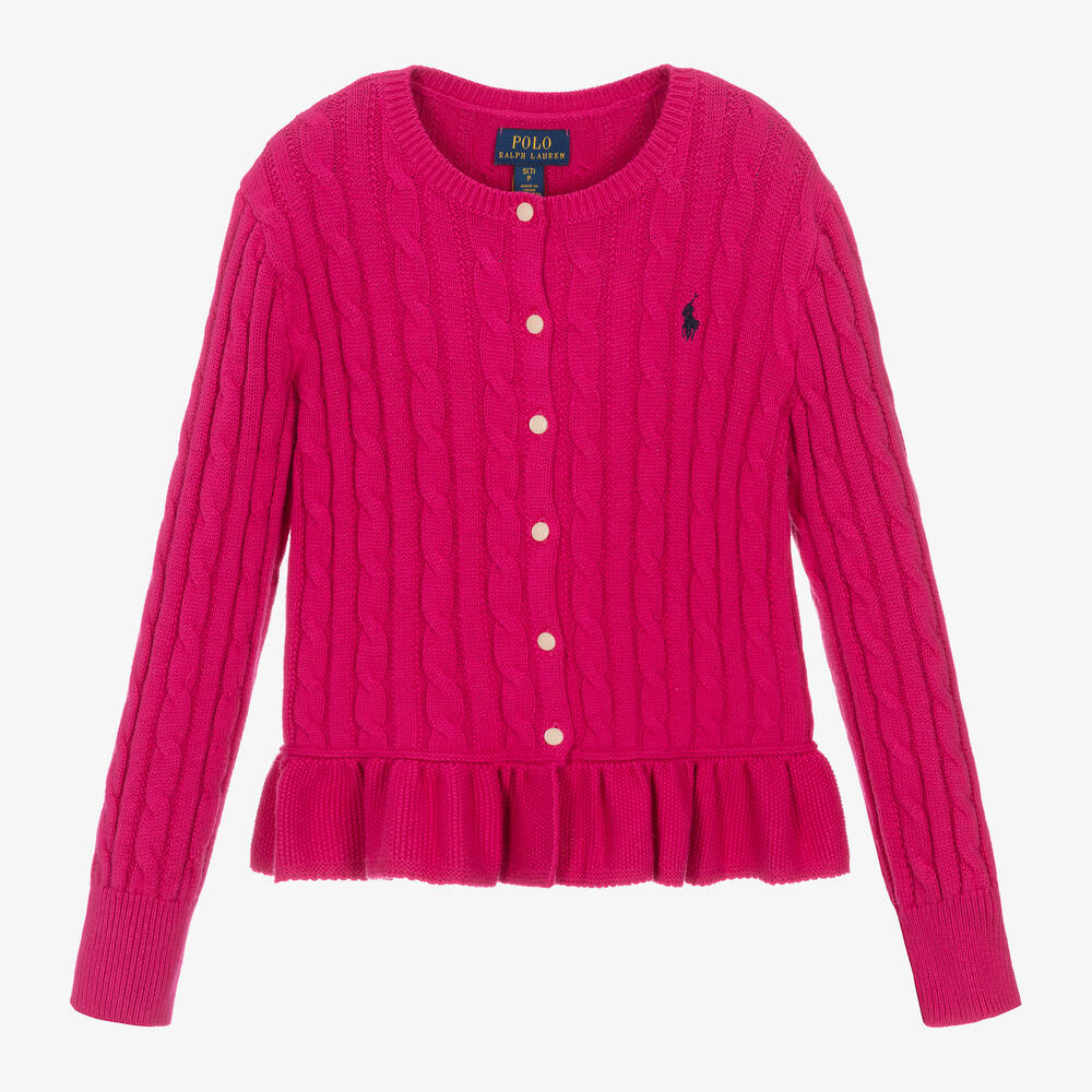 Ralph Lauren - Girls Pink Cotton Cable Knit Cardigan | Childrensalon