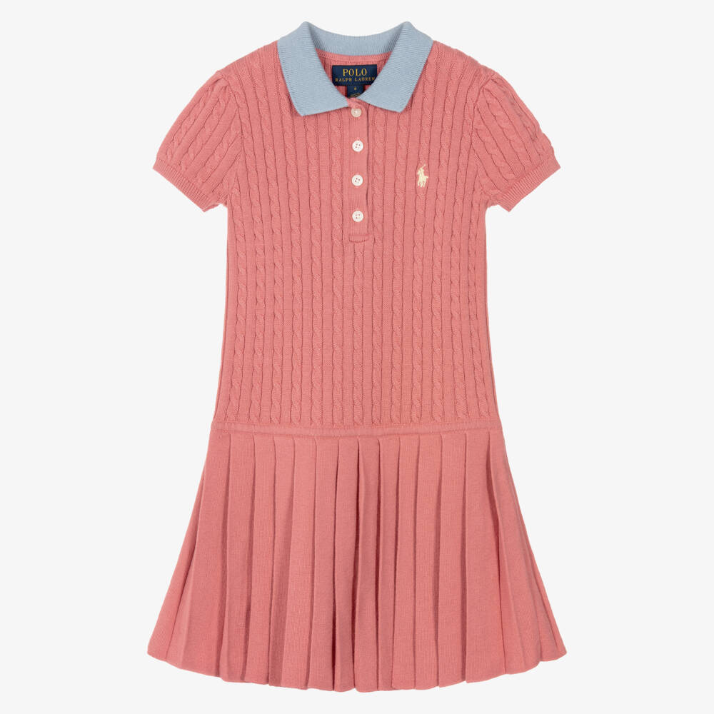 Ralph Lauren-Girls Pink Cotton Cable Knit Polo Dress | Childrensalon Outlet