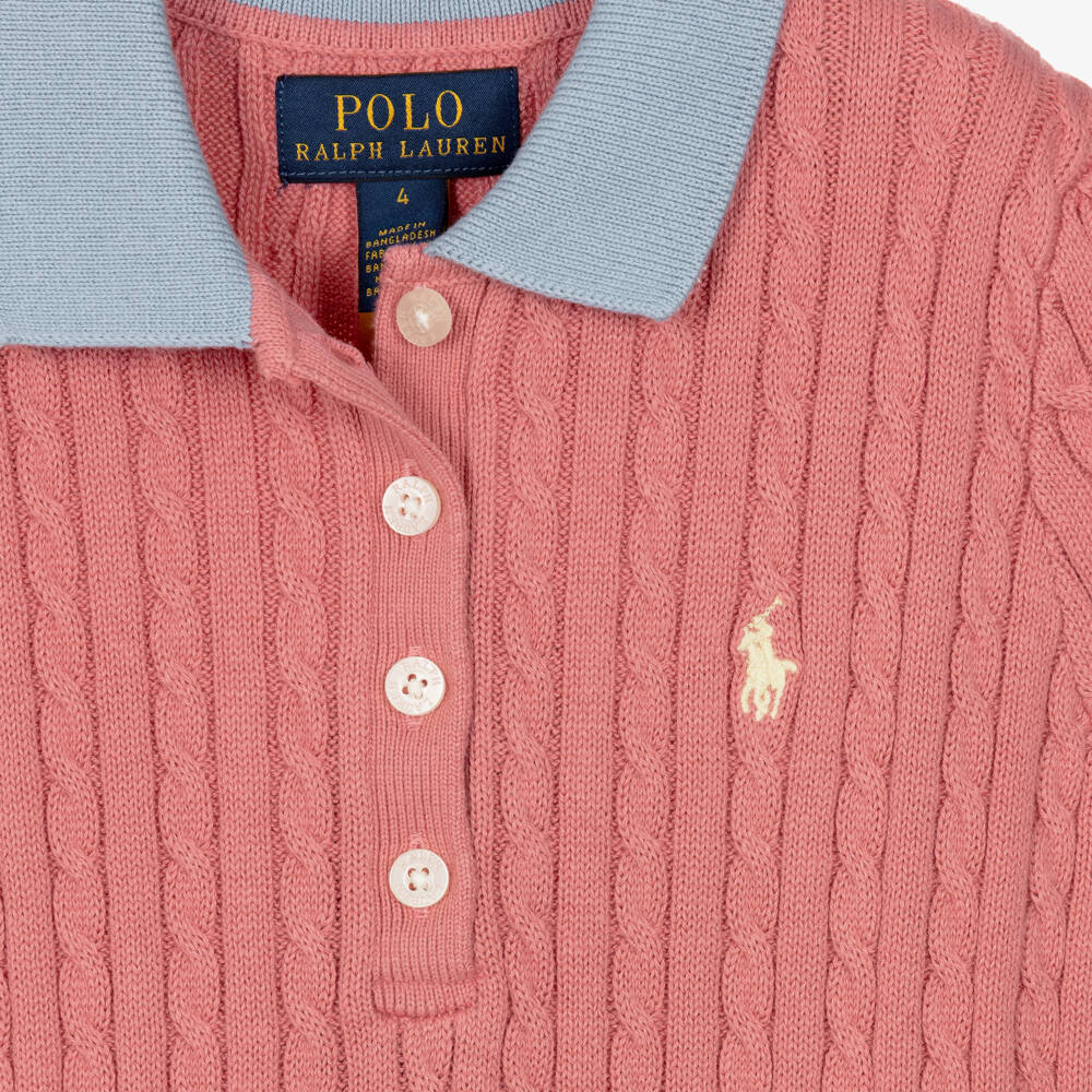 Ralph Lauren-Girls Pink Cotton Cable Knit Polo Dress | Childrensalon Outlet