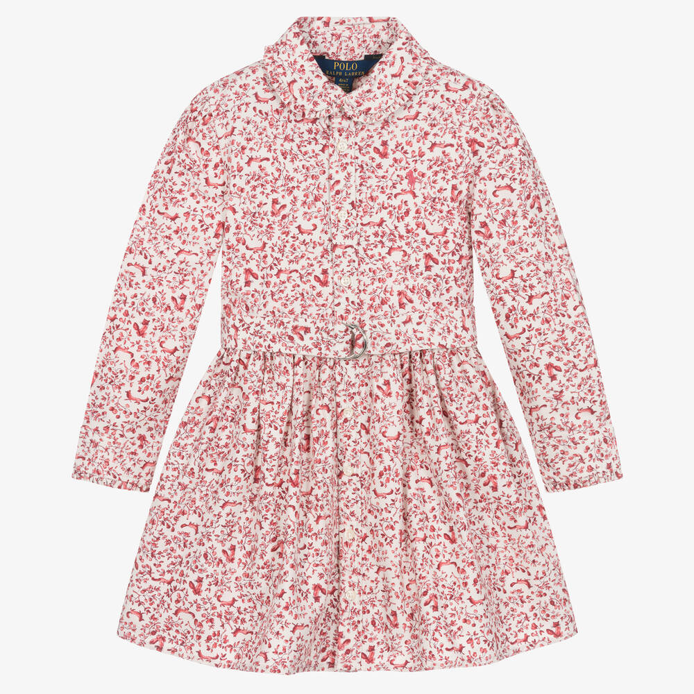 Ralph Lauren - Girls Pink Cotton Floral Fox Print Dress  | Childrensalon