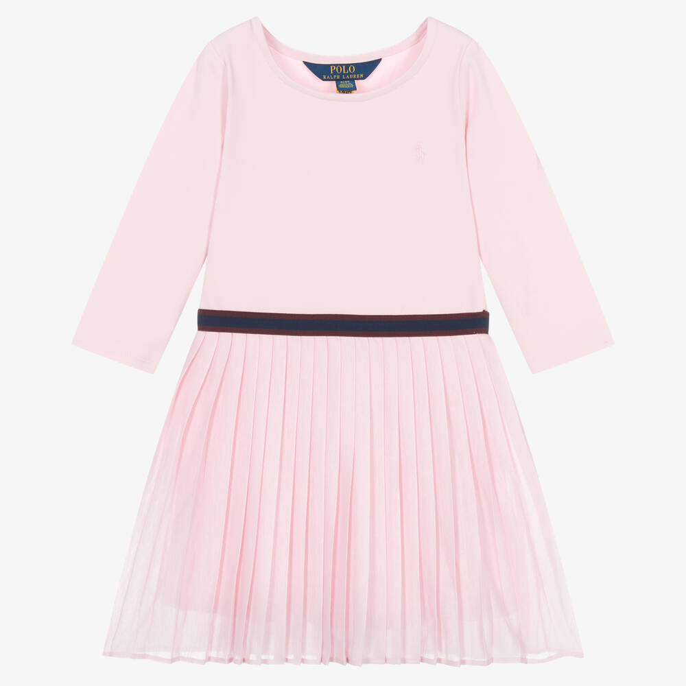 Ralph Lauren - Girls Pink Cotton Jersey Pleated Dress | Childrensalon