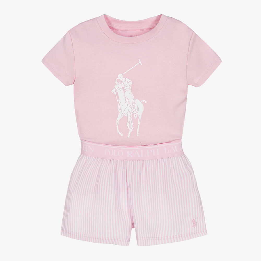 Polo Ralph Lauren - Girls Pink Cotton Logo Pyjamas | Childrensalon