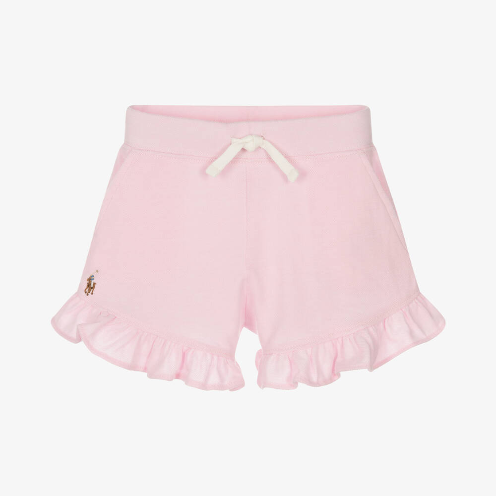 Polo Ralph Lauren - Girls Pink Cotton Piqué Frill Shorts | Childrensalon