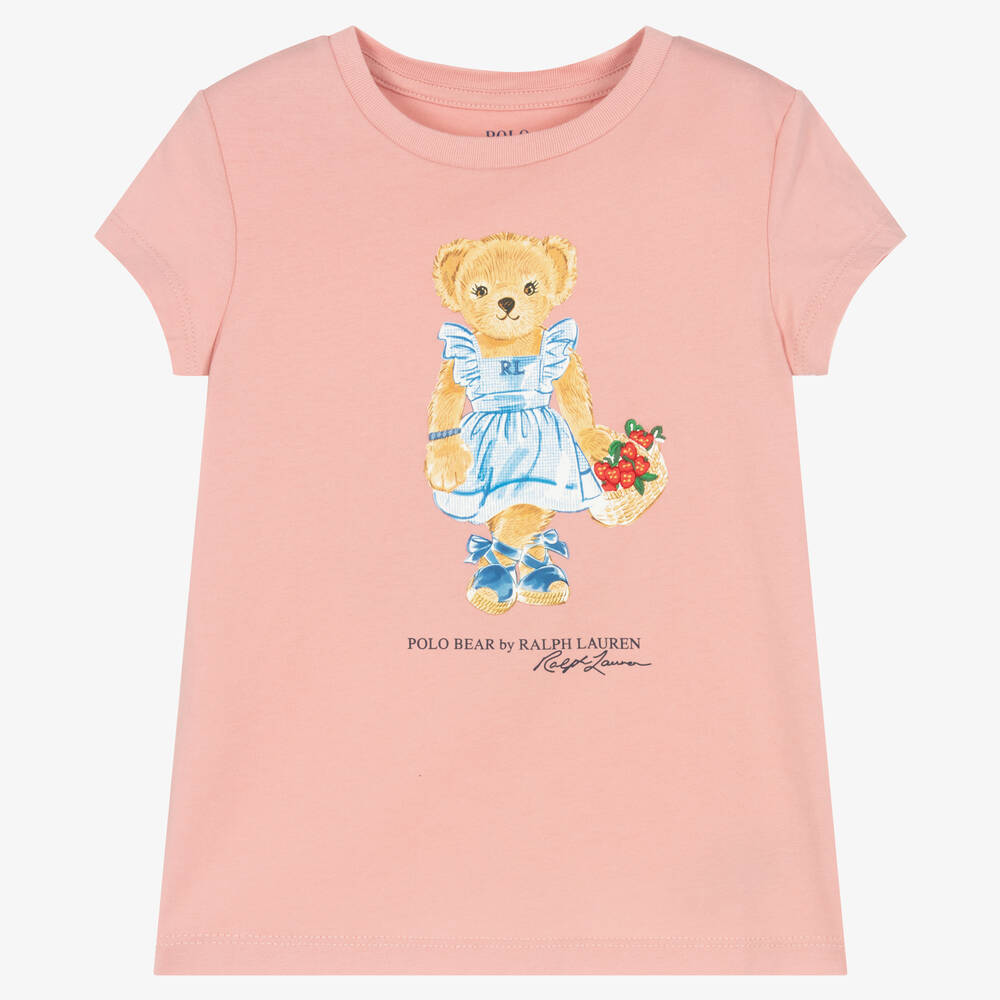 Ralph Lauren - Girls Pink Cotton Polo Bear T-Shirt | Childrensalon