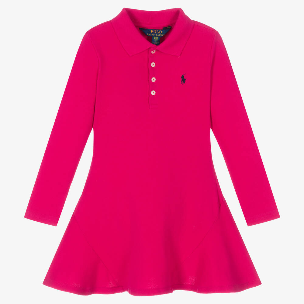 Polo Ralph Lauren - فستان بولو قطن بيكيه لون زهري فيوشيا | Childrensalon