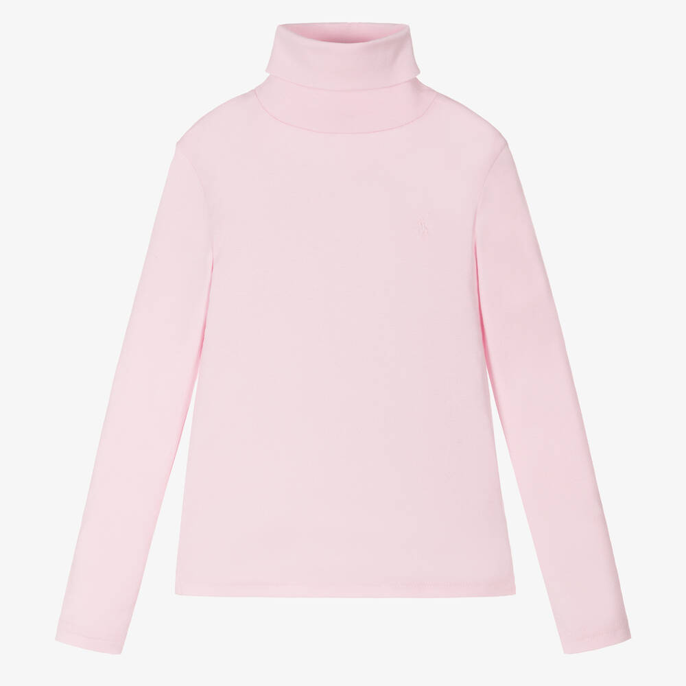 Ralph Lauren - Girls Pink Cotton Roll Neck Sweater | Childrensalon