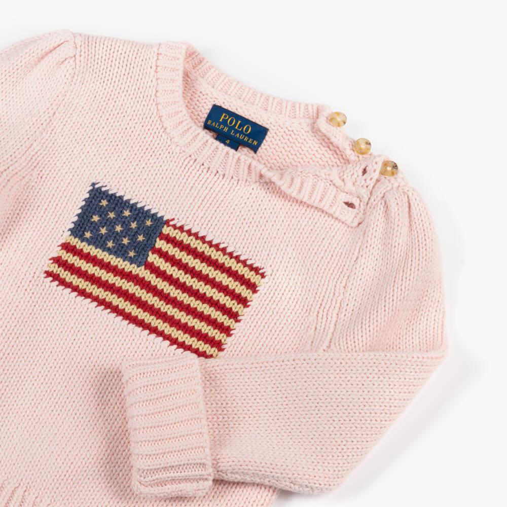 Ralph Lauren-Girls Pink Cotton USA Flag Sweater | Childrensalon Outlet