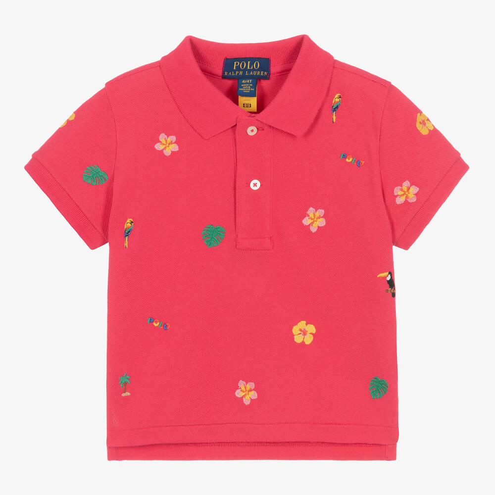 Ralph Lauren - Girls Pink Embroidered Cotton Polo Shirt | Childrensalon