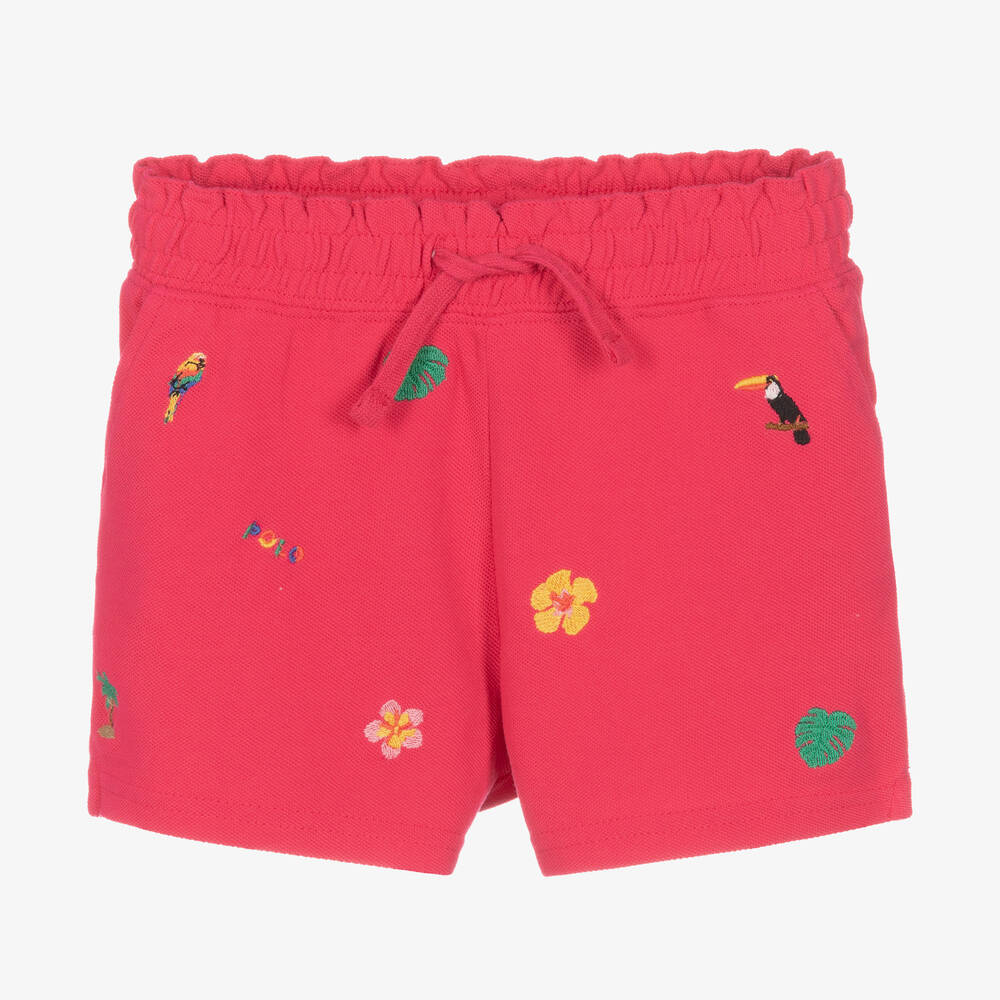 Ralph Lauren - Girls Pink Embroidered Cotton Shorts | Childrensalon