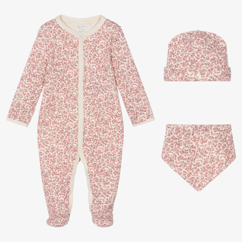 Ralph Lauren - Girls Pink Floral Cotton Babygrow Set | Childrensalon
