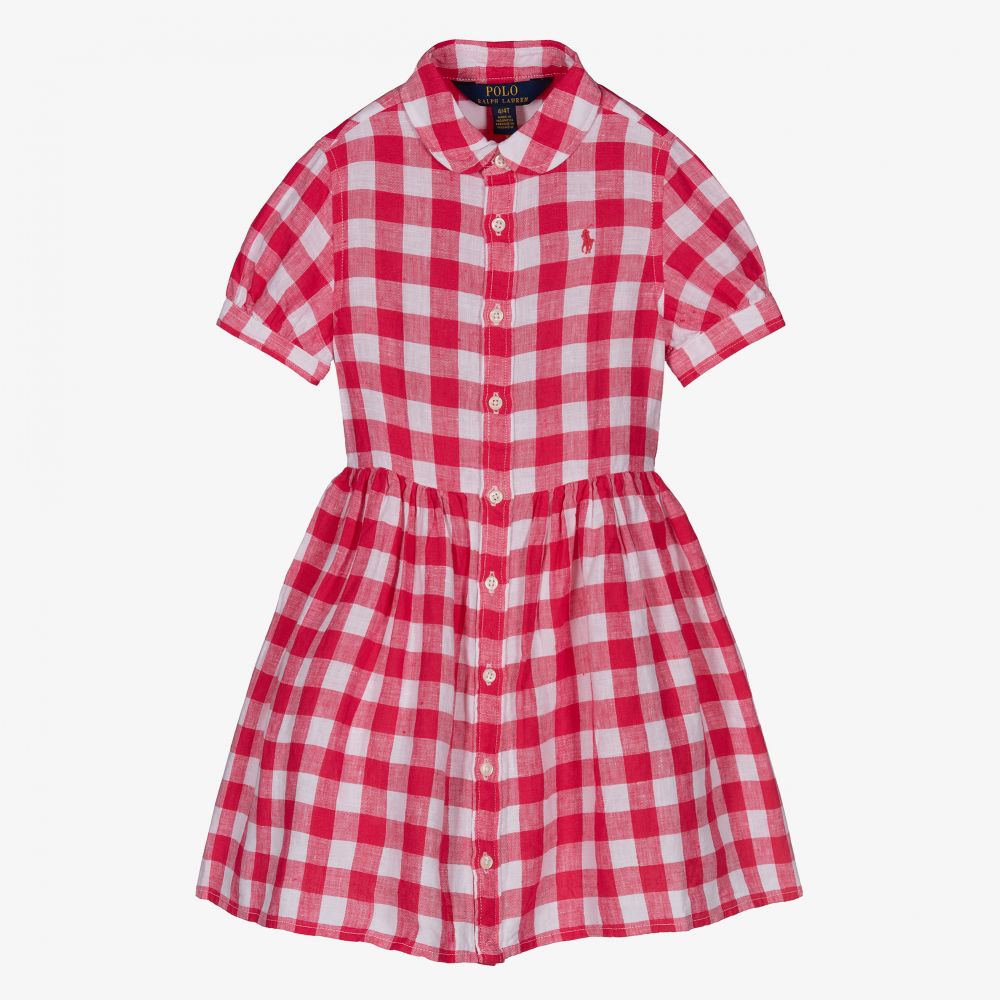 Polo Ralph Lauren - Girls Pink Gingham Linen Dress | Childrensalon