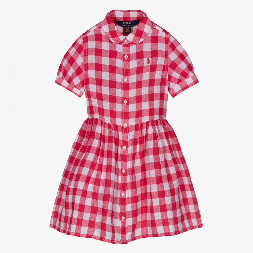 Polo Ralph Lauren Girls Pink Gingham Linen Dress Childrensalon Outlet
