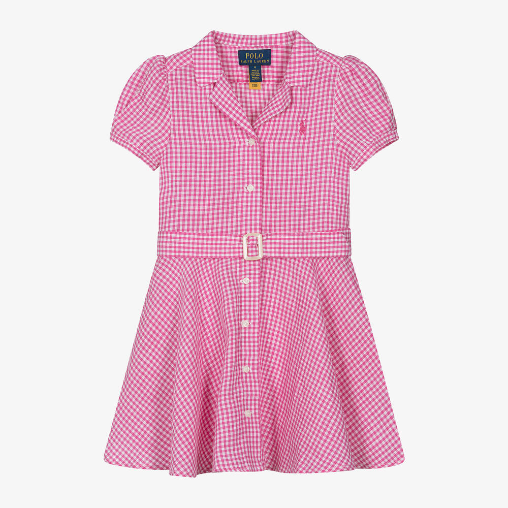 Ralph Lauren-Girls Pink Gingham Linen Dress | Childrensalon Outlet
