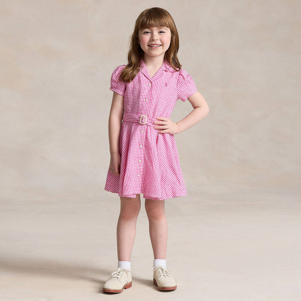 Ralph Lauren-فستان كتان لون زهري وأبيض | Childrensalon Outlet