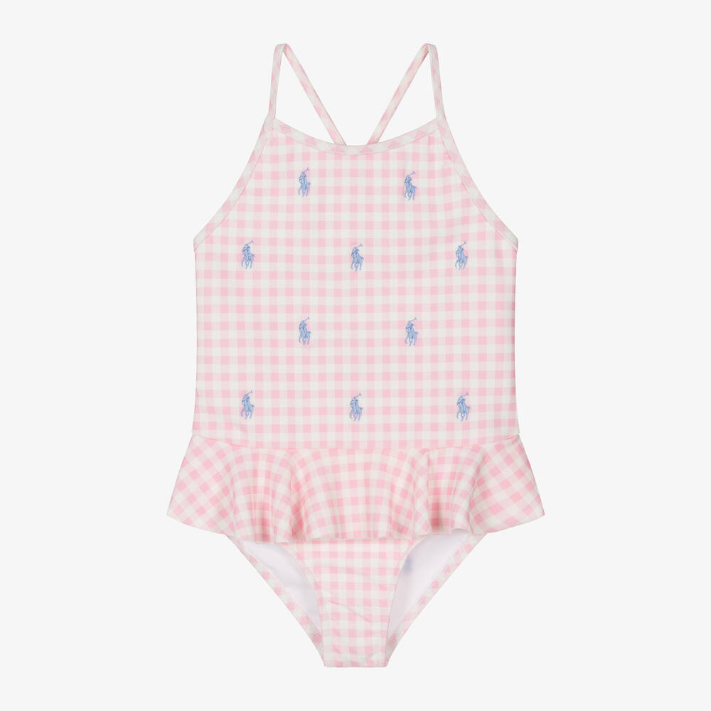 Girls Pink Gingham Pony Logo Swimsuit