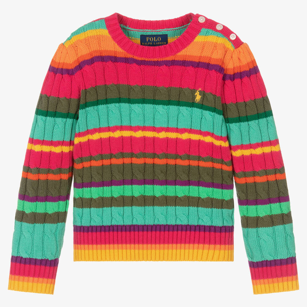 Ralph Lauren - Girls Pink & Green Cable Knit Sweater | Childrensalon